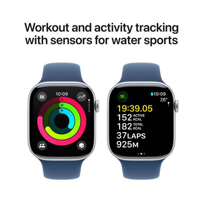 Apple Watch Series 10 GPS + Cellular 42mm Silver Aluminium Case with Denim Sport Band - S/M,Model...
