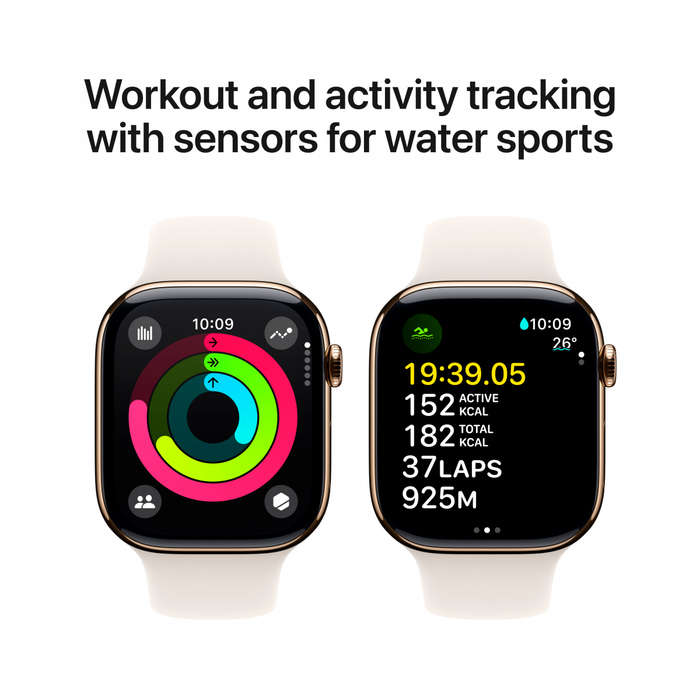 Apple Watch Series 10 GPS + Cellular 42mm Gold Titanium Case with Starlight Sport Band - S/M,Mode...