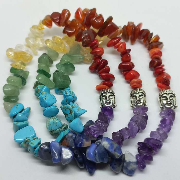 Chunky Chakra Gemstone chip bead Bracelet with Buddha detail