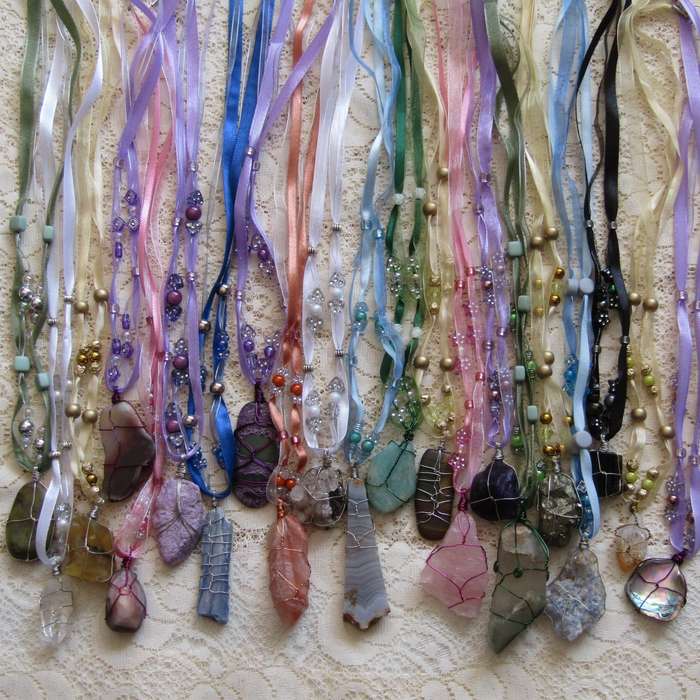 Gemstone Pendants on Ribbon Necklace