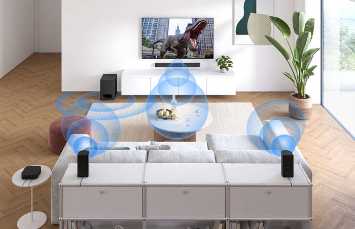 Physical surround sound in living room.