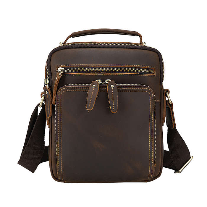 Vintage Men Brown Genuine Crazy Horse Leather Crossbody Satchel Shoulder Bag