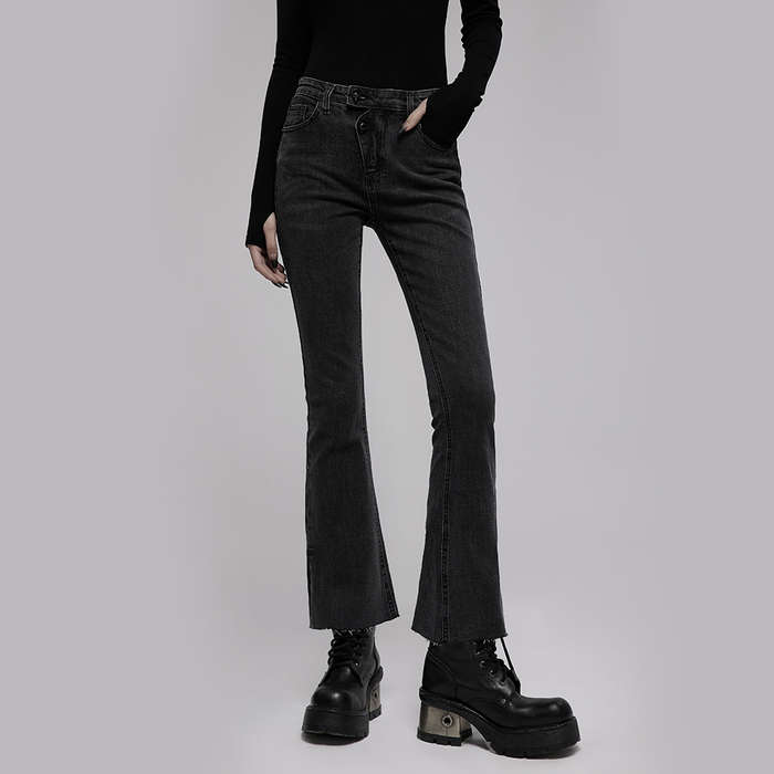 Asymmetric Placket Flare Jeans -S