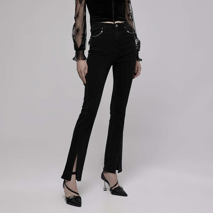 Chain Decorated Slit Flared Pants - M