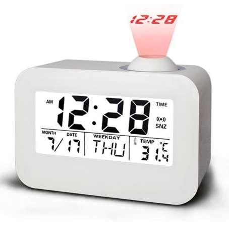 Loskii DX-008 White Talking Projection Clock Bedside LED Backlit Snooze Alarm C