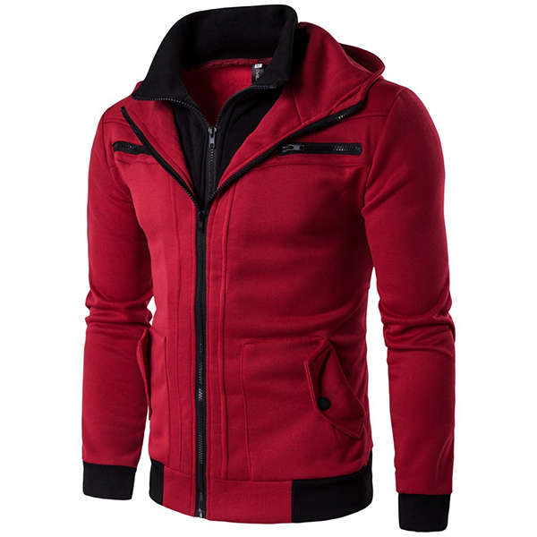 Mens Casual Double Collar Hoodies Sweatshirt Multi-pocket Zipper Slim Fit Sweat