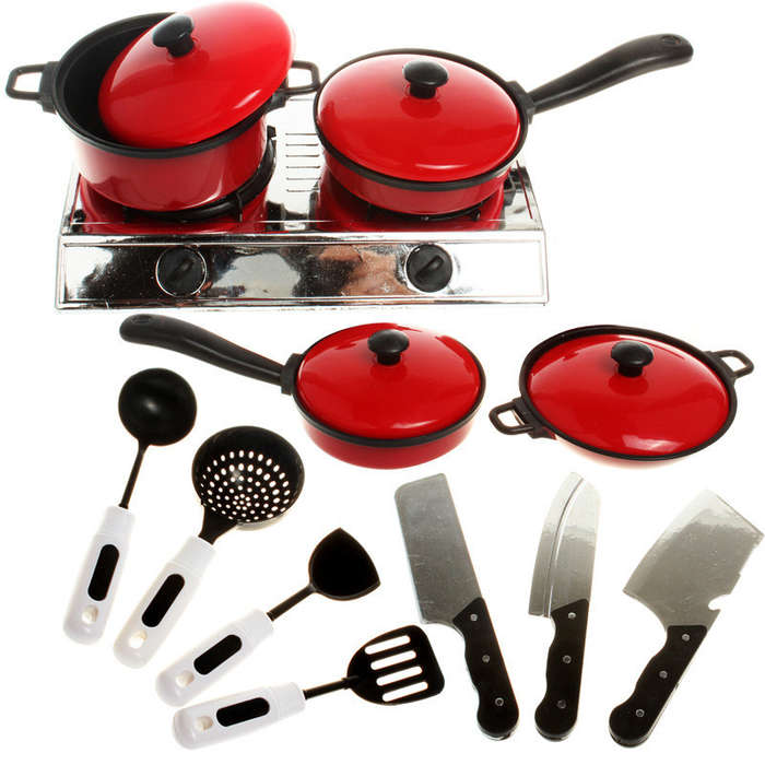 13PCS Cook Ware Toy House Kitchen Pretend Play Utensils Cooking Pots Pans Food