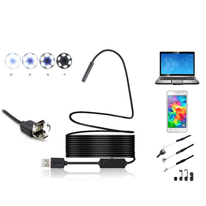 2 in 1 5mm 6LED IP67 Micro USB/USB Endoscope Borescope Inspection Camera Rigid
