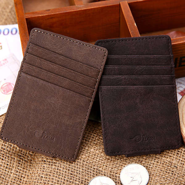 Men Magnet PU Small Money Clip Coffee Grey Short Card Holder