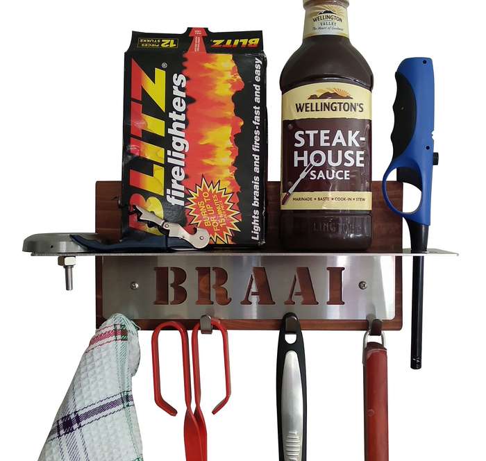 Eboy Steel Braai Utensils Holder with Shelf - 4 Hooks - Stainless Steel