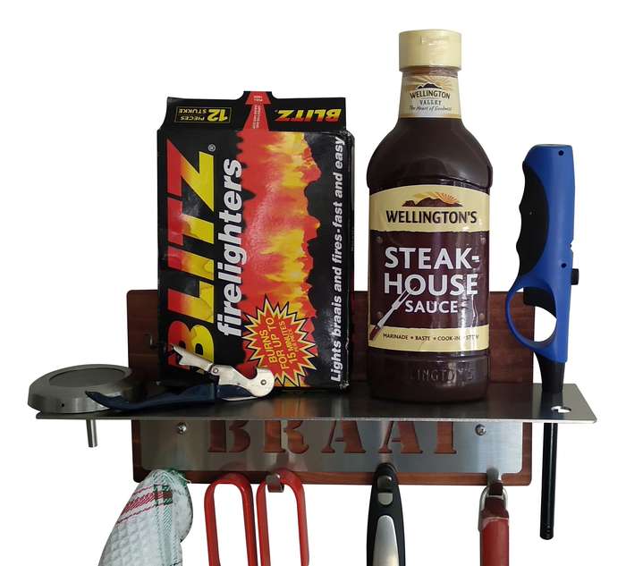 Eboy Steel Braai Utensils Holder with Shelf - 4 Hooks - Stainless Steel