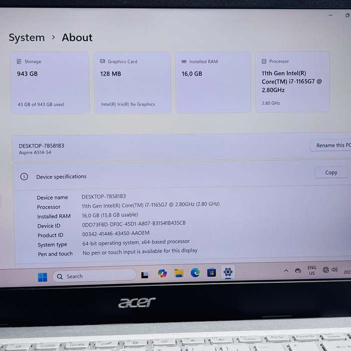 AcerAspire 5 A514-54-77QU 11th Gen 2.80GHz "Core i7" 16GB RAM 500GB SSD And 500GB HDD Silver - N...
