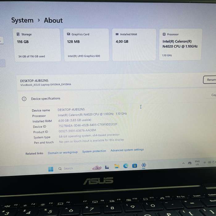 Asus E410M "Celeron N4020" 4GB RAM 128GB SD Peacock Blue - Faulty Battery And Bright Spots