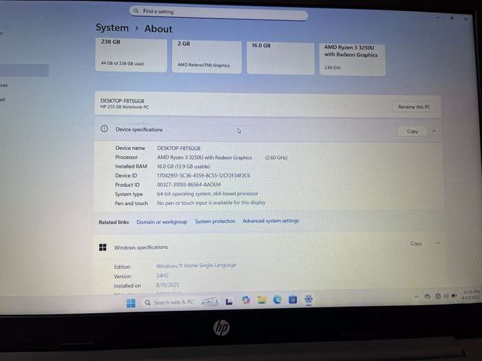 HP 255 G8 Ryzen 3 16GB RAM 256GB SSD NVMe Black - Cracked Casing