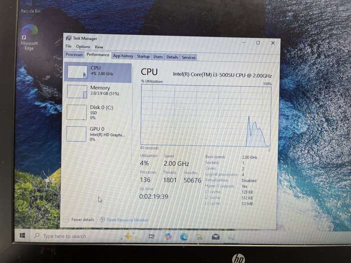 HP 15-bs150ni 5th Gen "Core i3" 2.00GHz 4GB RAM 128GB SSD Black - No Battery And Damaged Hinge