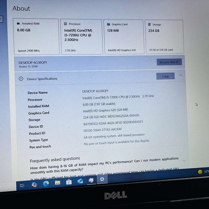 Dell Vostro 15 7th Gen "Core i5" 2.50GHz 8GB RAM 256GB SSD Black