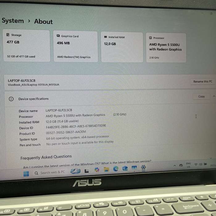 Asus M515U Ryzen 5 2.10GHz 12GB RAM 500GB SSD NVMe Silver (3 Month Warranty)  Minor Bright Spots
