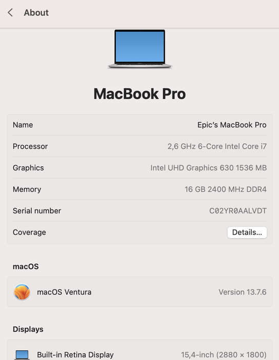 Apple MacBook Pro 15-inch "Core i7" 2.60GHz (Touch/2019) 16GB RAM 500GB SSD Silver (12 Month Warr...