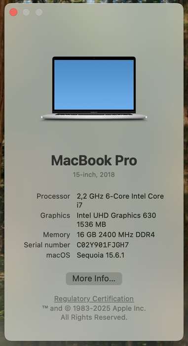 Apple Macbook Pro "Core i7" 15-inch 2.2GHz (Touch/2018) 16GB RAM 512GB SSD Silver (12 Month Warra...