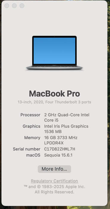 Apple MacBook Pro "Core i5" 13-Inch (Touch Bar 2020) 16GB RAM 512GB SSD Silver (12 Month Warranty...