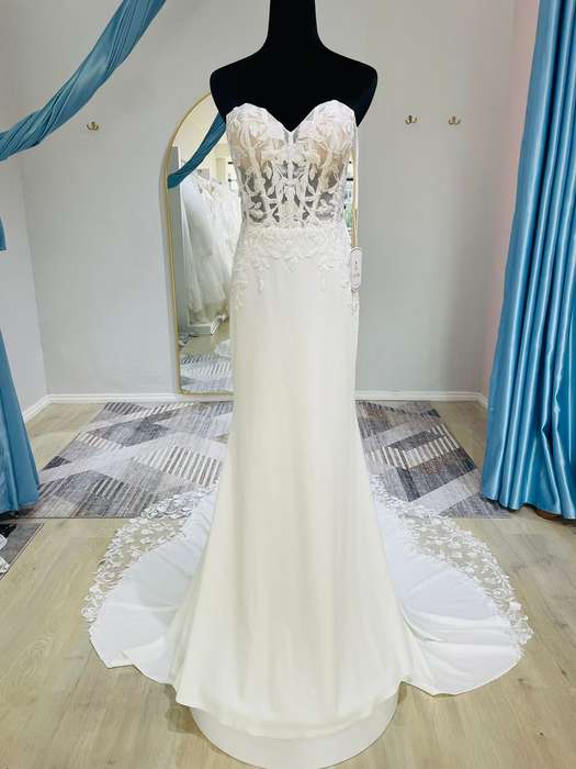 (Rental) Glenda, mermaid corset bodice with lace detail boob-tube crepe wedding dress.