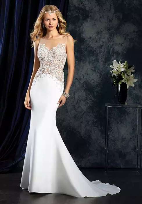 Dalia, crepe mermaid beaded lace detail bodice wedding dress.