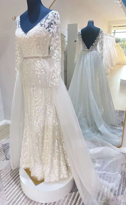(Rental) Heather, long sleeve lace detail fit and flare wedding dress,
