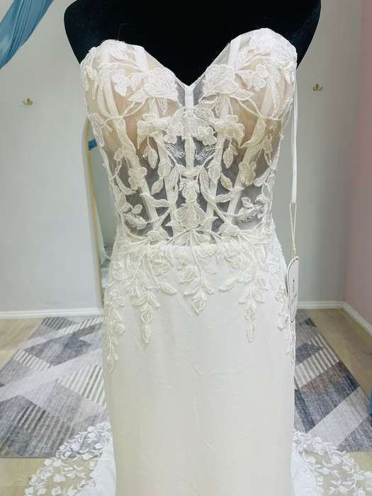 (Rental) Glenda, mermaid corset bodice with lace detail boob-tube crepe wedding dress.