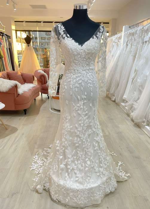 (Rental) Heather, long sleeve lace detail fit and flare wedding dress,