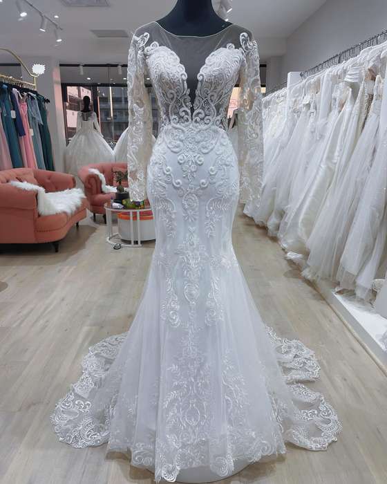 (Rental) Logan , mermaid lace detail sleeves wedding dress.