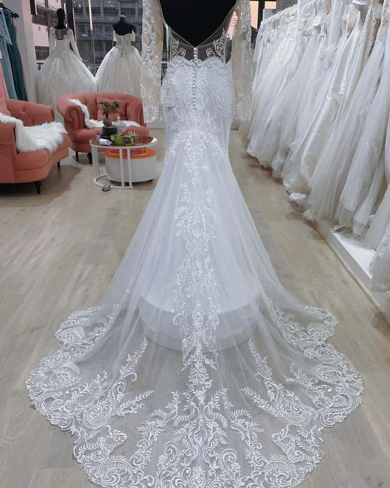 (Rental) Logan , mermaid lace detail sleeves wedding dress.