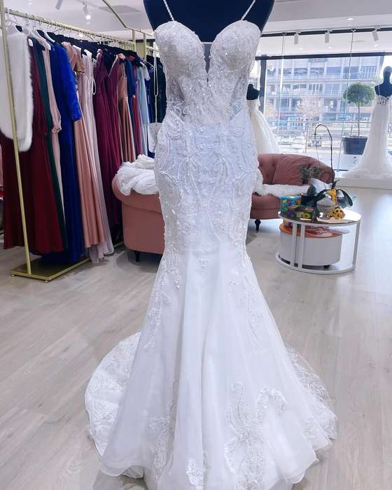 LIA, thin strap lace detailed mermaid wedding dress.