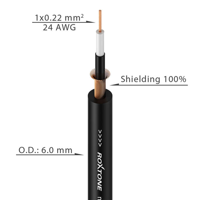 Roxtone - 100M CABLE SINGLE CORE INSTRUMENT SCREENED OD BLACK
