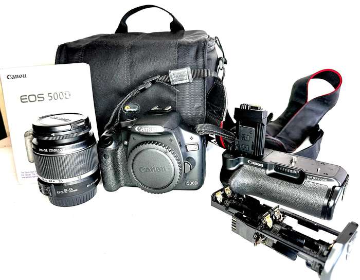 Canon EOS 500D DSLR Camera body Canon 18-55mm Lens Canon Original BG-E5 Battery grip