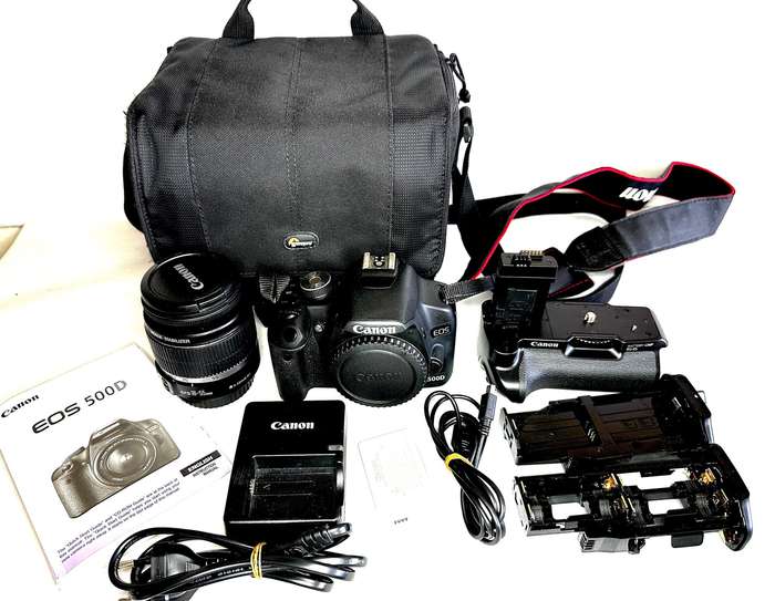 Canon EOS 500D DSLR Camera body Canon 18-55mm Lens Canon Original BG-E5 Battery grip