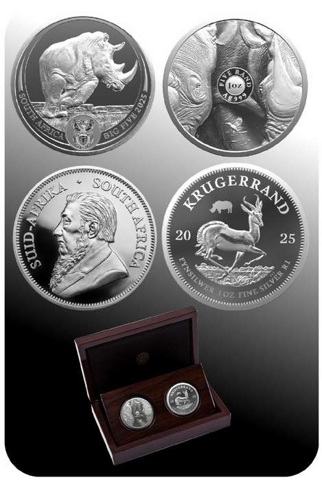 FREE SHIPPING - 2025 1oz Silver Krugerrand Rhino Privy Mark & 1oz Silver Rhino Combo Set - Series 3