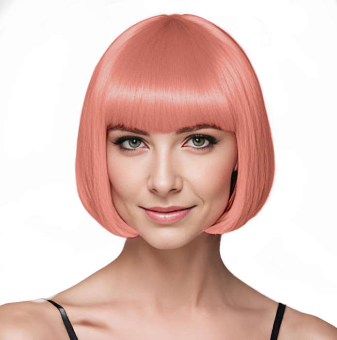 Bob-Cut Straight Fringe Cosplay Wig With Cap - Peach Pink