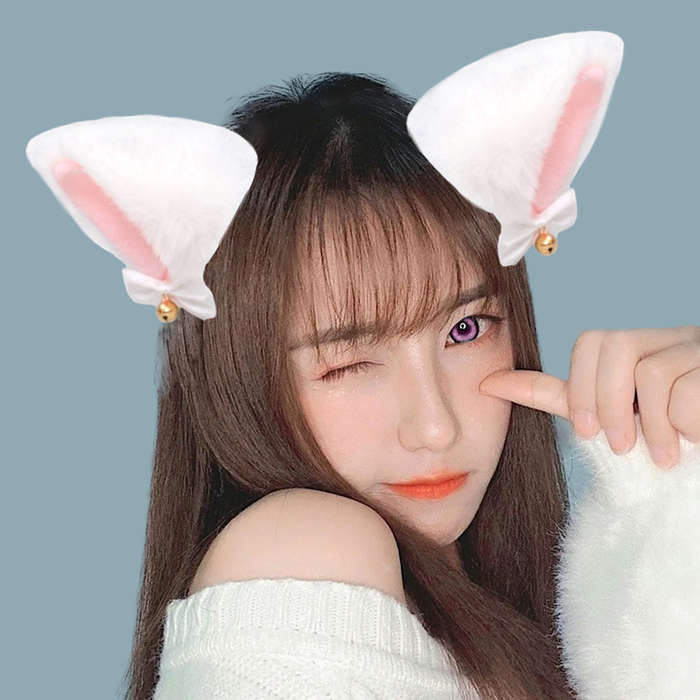 Kawaii Fluffy Cat Ear Headband With Ribbons And Bells - White, Pink