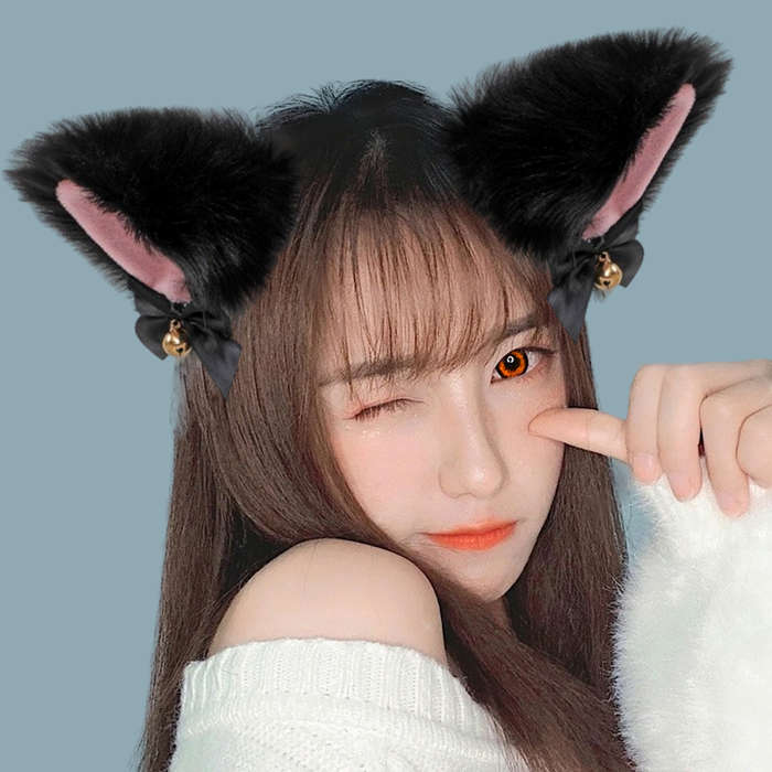 Kawaii Fluffy Cat Ear Headband With Ribbons And Bells - Black, Pink