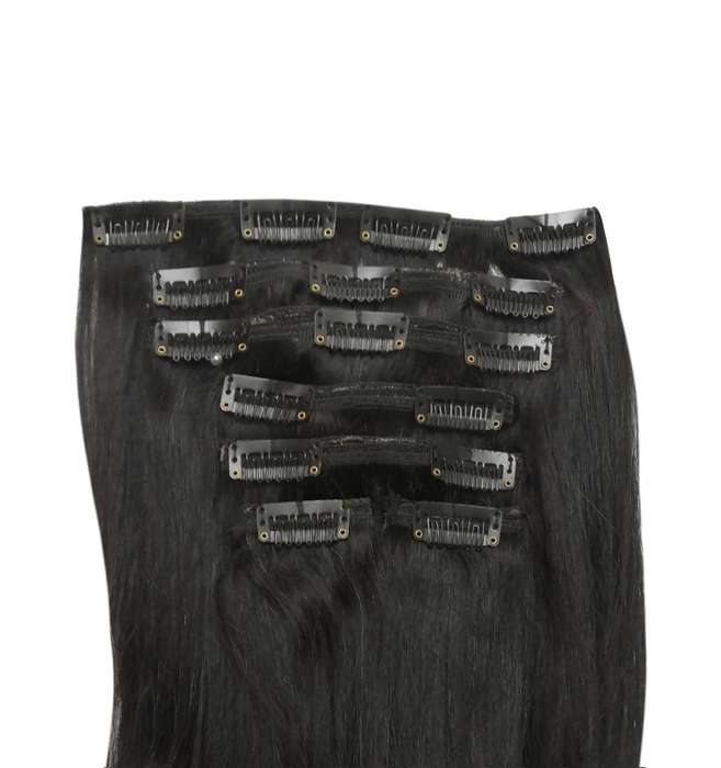 100% Brazilian Remy Human Hair Straight 7pc XXL 35cm Clip Hair Extensions - 1B Natural Black
