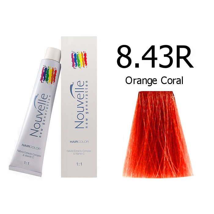 Nouvelle Professional Permanent Hair Tint Dye 100ml + 100ml 20vol developer - 8.43R Orange coral Nou