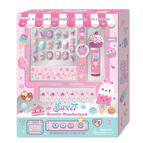 Hot Focus Sweet Beauty Wonderland Set Scented Press-On Nails, Lip Balm & Gems