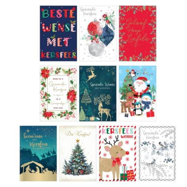 Christmas Cards Afrikaans 10 Pack with Envelopes - Asstd Festive Designs