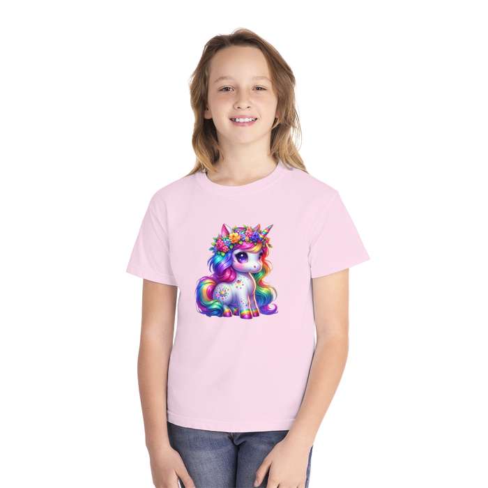 Kids Sitting Unicorn with Rainbow Mane and Flower Body Tee  Available in Pink and Black