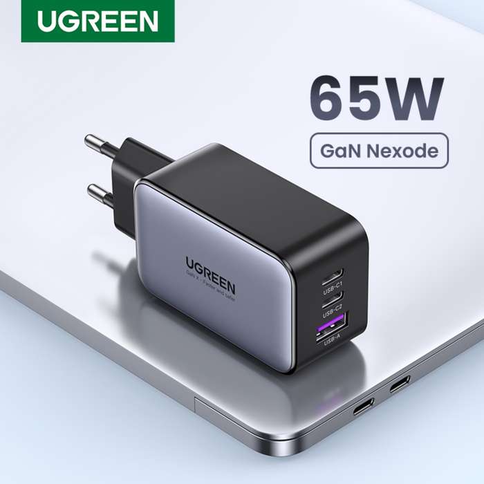 UGREEN 65W PD GaN Wall Charger - 3 Port - Black