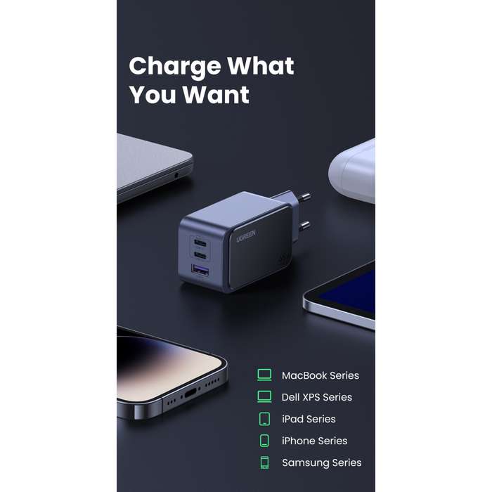 UGREEN Nexode 65W Wall Charger - 3 Port Fast Charger - Grey & Black