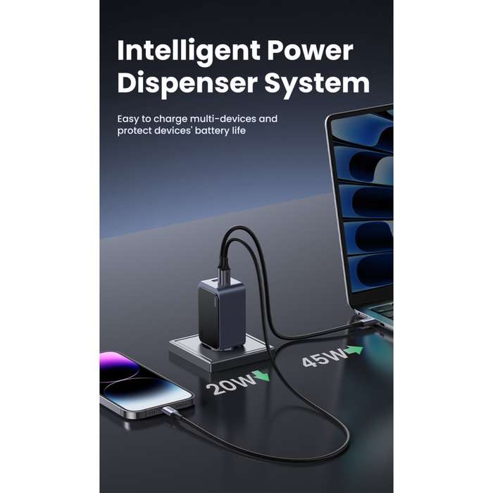 UGREEN Nexode 65W Wall Charger - 3 Port Fast Charger - Grey & Black