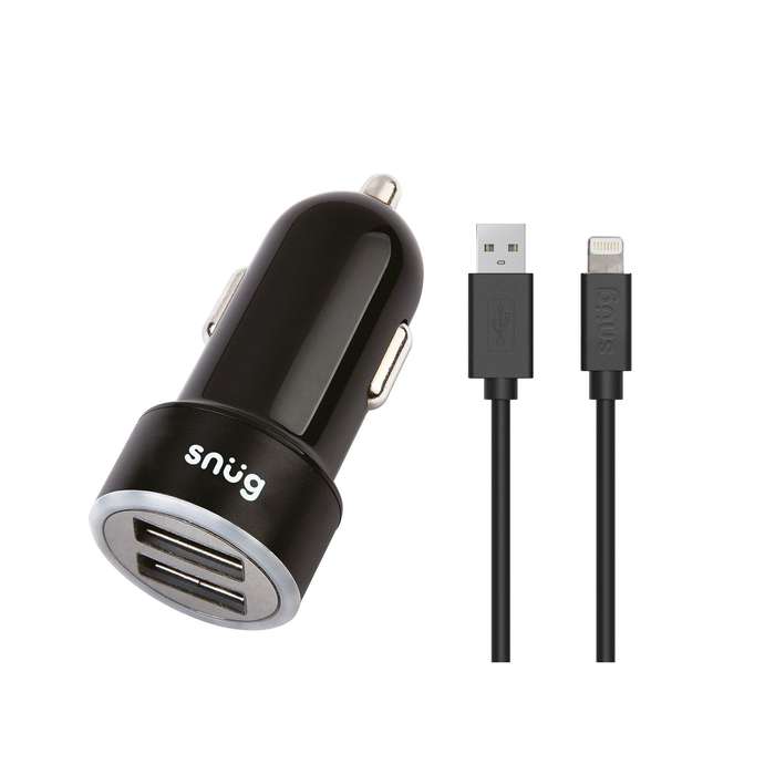 Snug 17W Car Charger with USB to Lightning Cable - 2 Port Black