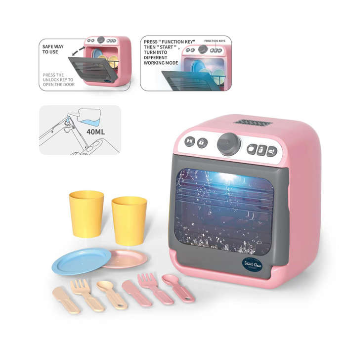 Pretend & Play Dishwasher Set with Sound, Lights & Water Spray Effect - Pink