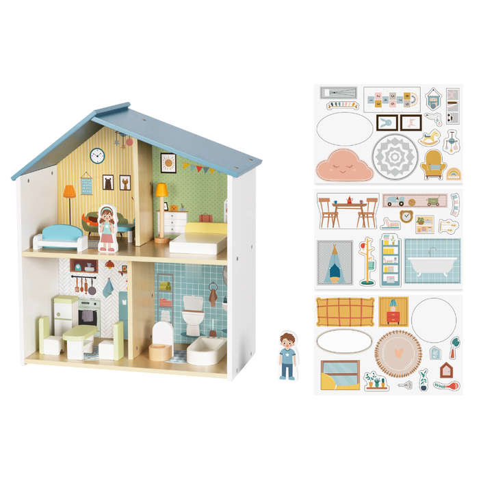 hi Pando - Pretend & Play - Wooden Doll House With Figurines - 14pcs